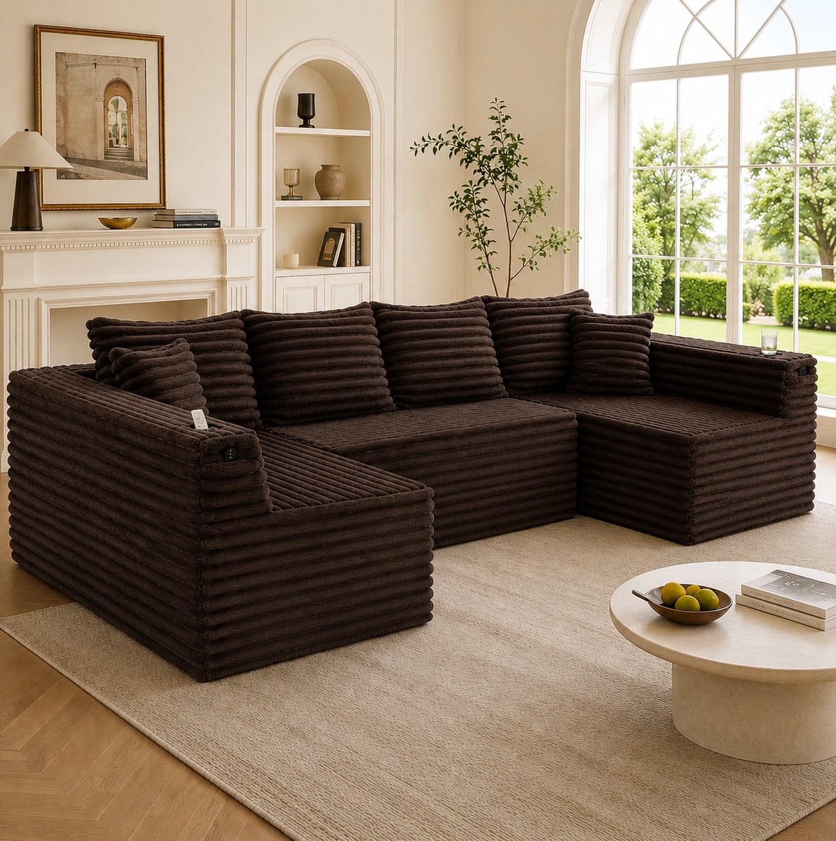 FloraGrace U-Bank 320 x 155 x 88 cm - Modulaire Opstelling Met Bekerhouders en Zijvakken - Ergonomisch Comfort Voor Woonkamer - Corduroy - Bruin