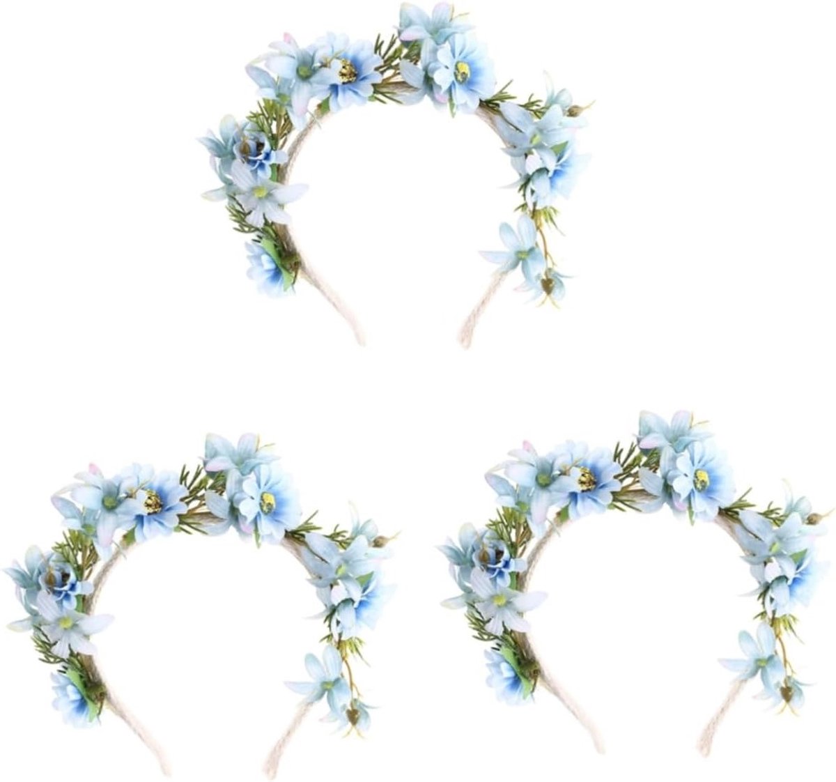 3-delige Bloemenkrans Haarband met Realistische Bloemen - Lichtgewicht Haaraccessoires voor Bruiloft, Festival en Feest voor Vrouwen en Meisjes in Blauw