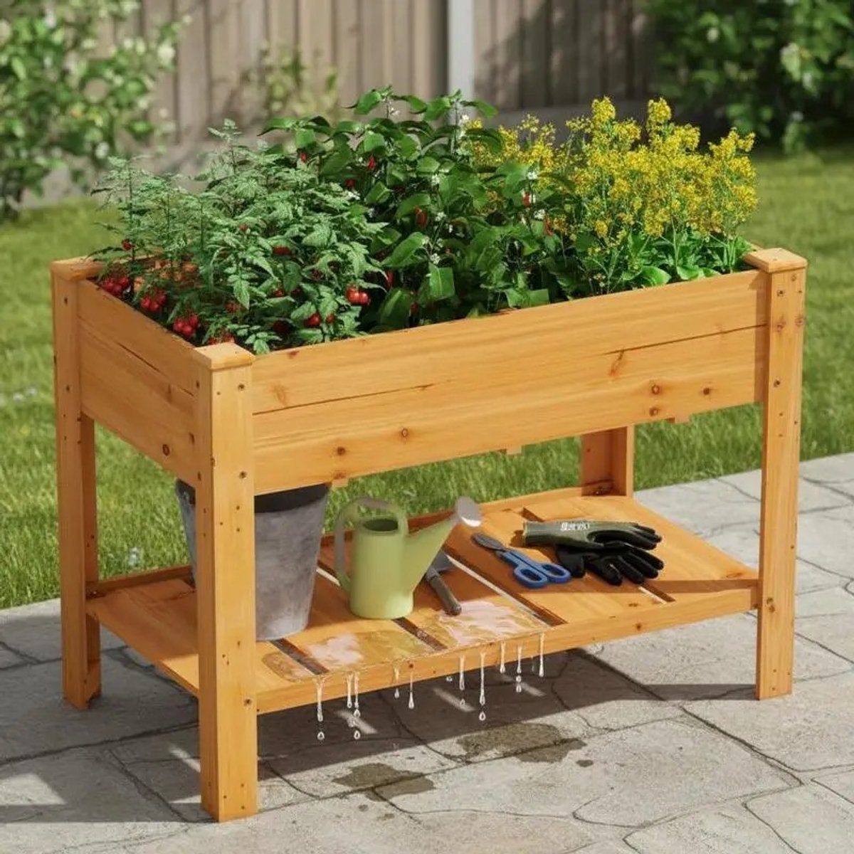 Dailygoods Houten verhoogde bak met plank & afvoergaten Verhoogde tuinbak Plantenbak bruin
