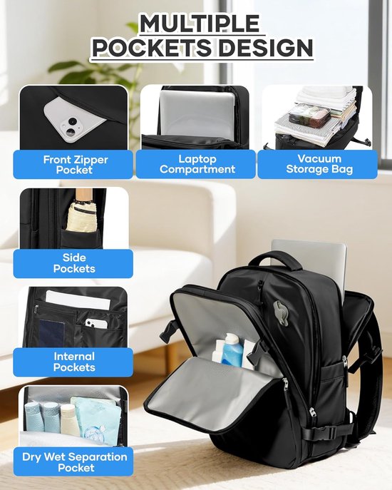 Reisrugzak met pomp - Vakantie tas - Bagage comprimeren - Geïntegreerd vacuümsysteem - 40x30x20 cm - Zwart — afbeelding 3