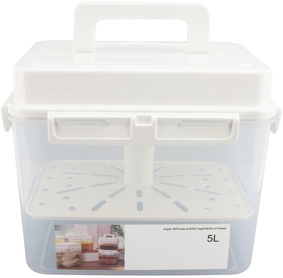 Contenant de fermentation vide transparent de 5L avec couvercle blanc, poignée et insert intérieur.