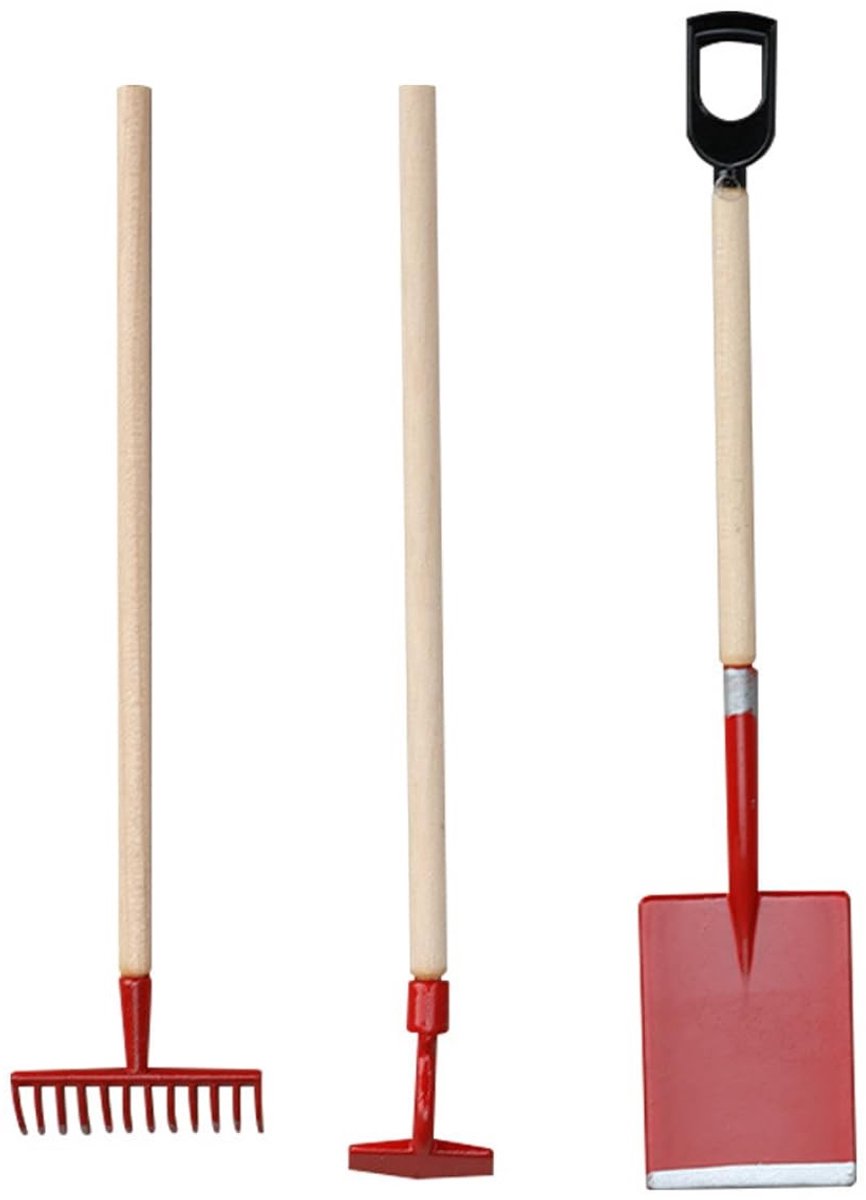 Dailygoods- Tuingereedschap Miniatuurset - 3 Stuks - Hark/Schoffel/Schep - Poppenhuisaccessoires - Schaal 1/12 - Hout/Metaal - Rood - Miniatuurtuingereedschap