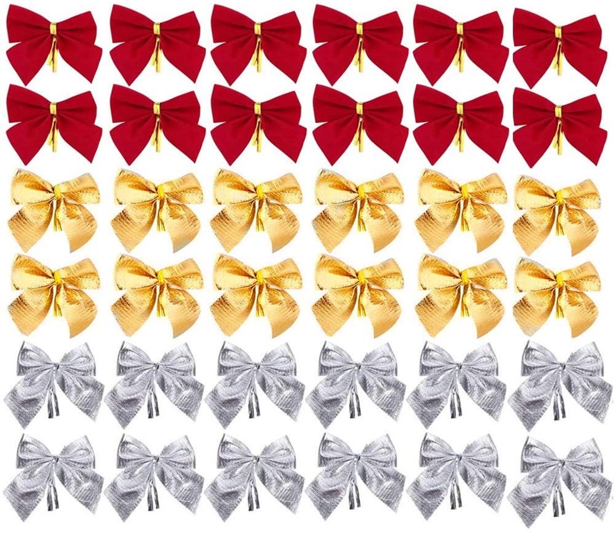Dailygoods- Kerststrik 36 Stuks - Decoraties voor Kerstboom/Hangende Decoraties - Goud/Rood/Zilver - Flocking Doek - Afmetingen 5x6 cm - Sfeervolle Versiering - Decoratiestrik