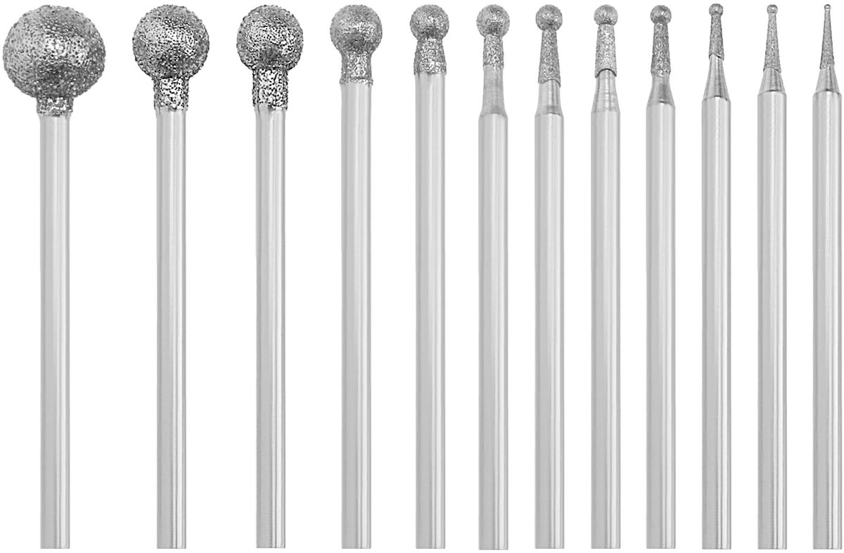 Dailygoods- Diamant Braam Set - 12 Stuks - Slijpkoppen 0,5-8 mm - Compatibel met Roterende Gereedschappen - Duurzaam Metaal - Schachtdiameter 2,35 mm