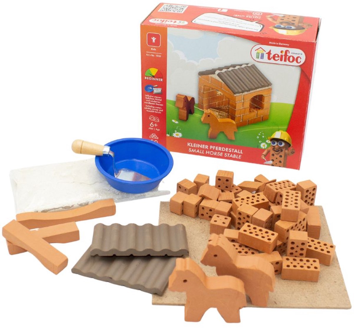 Teifoc ® bouwdoos - paardenstal bouwset - 50 onderdelen - echte mini bakstenen met cement, kom en troffel - bouwpakket voor kinderen vanaf 6 jaar