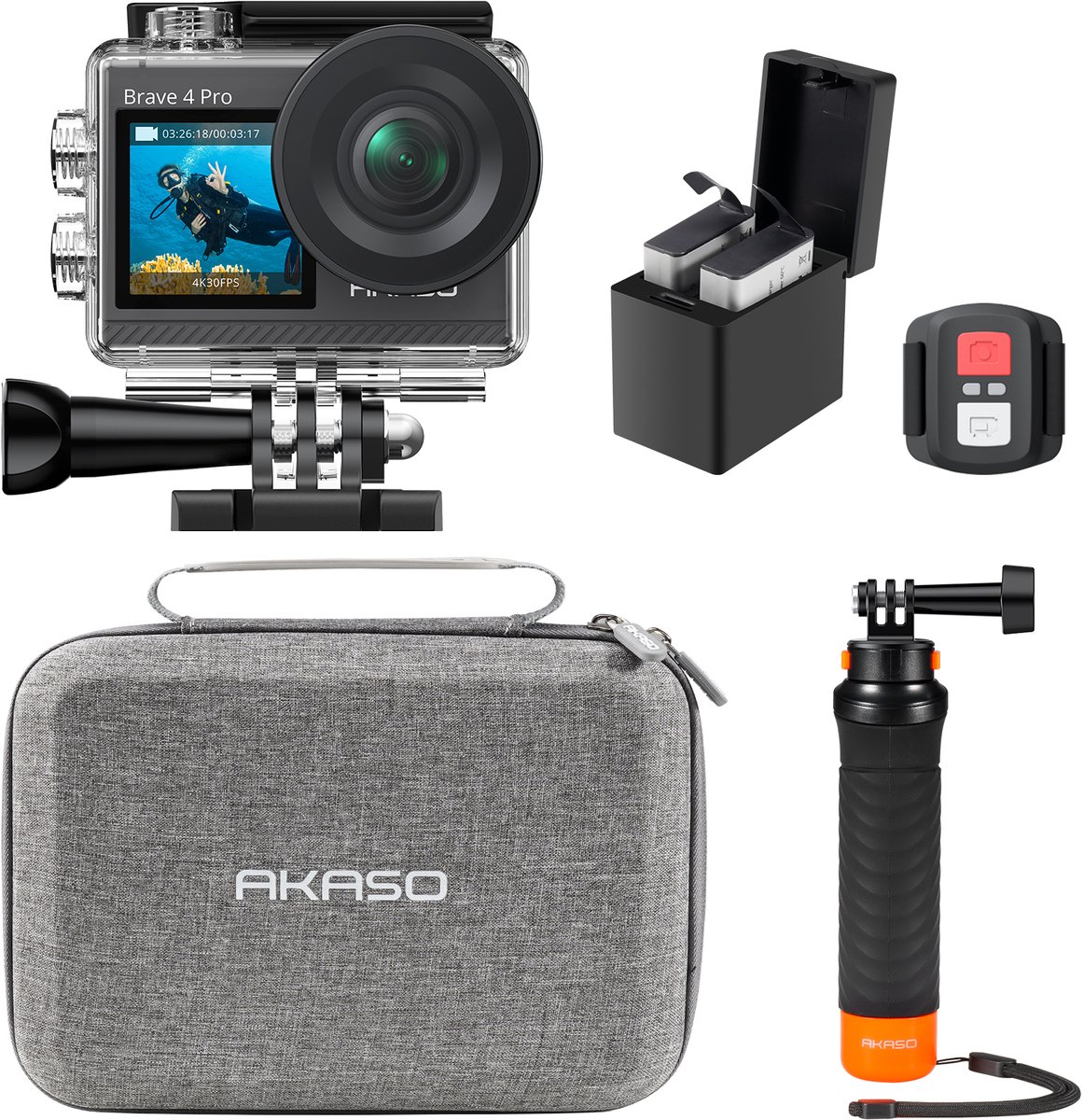 AKASO Brave 4 Pro Action Camera 4K – WiFi – 40 m Waterdicht – Dubbel Touchscreen – 5× Zoom – Afstandsbediening – Inclusief Accessoires & 2×1350mAh Batterije – Onderwatercamera met Drijvende Handgrip & Tas– Grijs