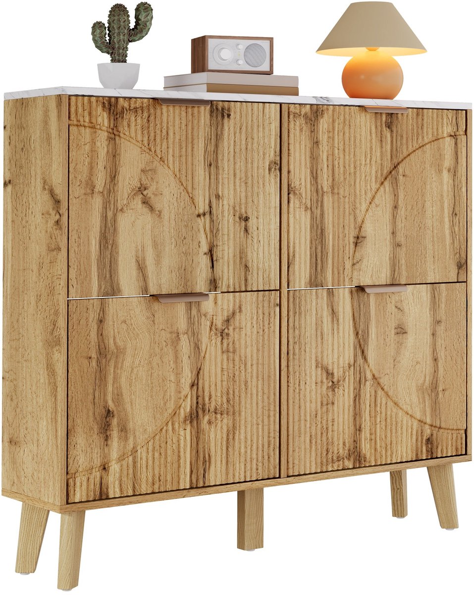 Merax Schoenenkast 105 cm - Houtlook met Marmerlook Bovenblad - 4 Klepdeuren - Smalle Opbergkast voor Hal Entree en Gang