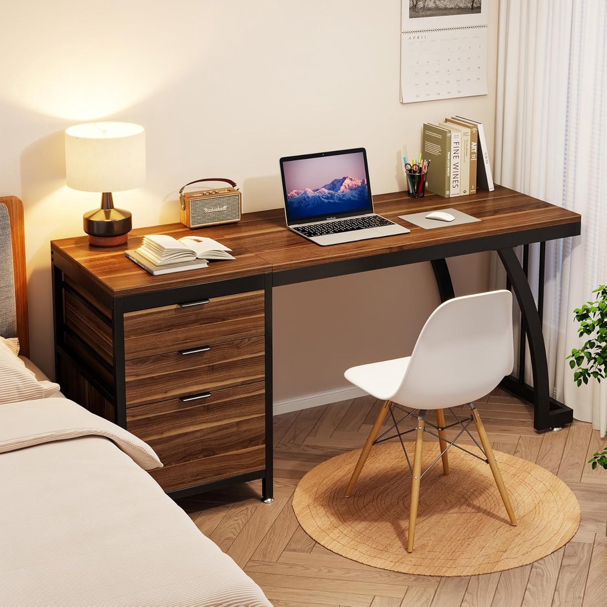 Computertafel Bureau 150 cm met 3 Laden – House&Garden Industrieel Computerbureau – PC Bureau met Omkeerbare Opberglade Links/Rechts – Werktafel Thuiskantoor – Walnoot Zwart Metaal – Bureau met Dossieropslag – Home Office Desk 150x50x75 cm