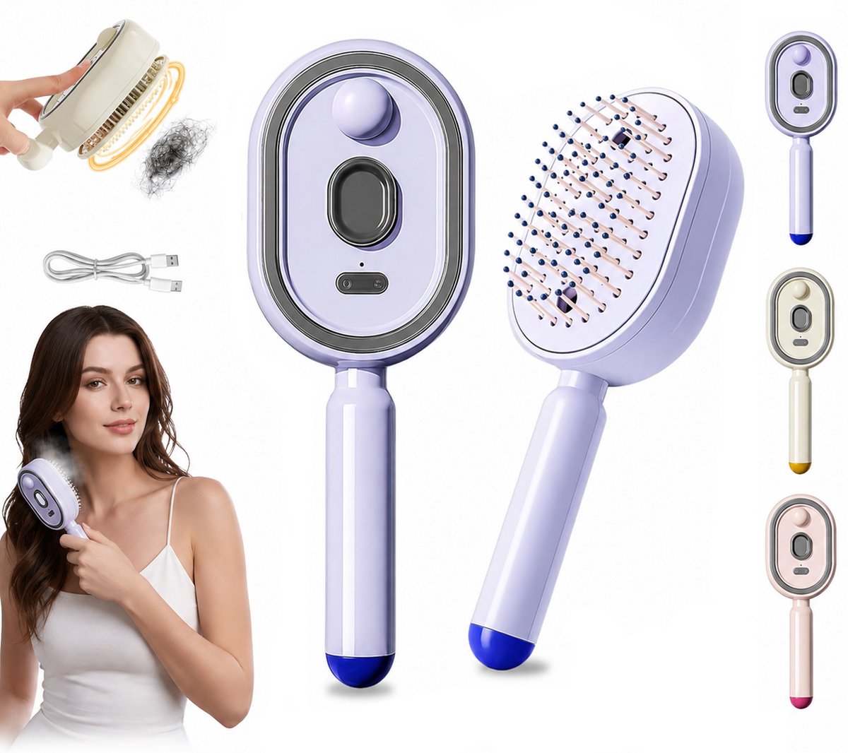 Elektrische Stoomborstel / Massageborstel - Multifunctionele Stoom Haarborstel met Spray Functie & Hoofdmassage - Anti Klit & Antistatisch - Draadloos & Oplaadbaar - Cadeau voor Vrouwen & Meisjes - Voor Krullend en Pluizig Haar - Paars - SOLLBRY®