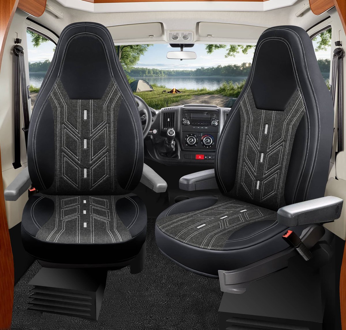 Premium Camper stoelhoezen voor Roller Team Kronos Alkoven BC4 in Zwart/Antraciet (2 losse stoelen)