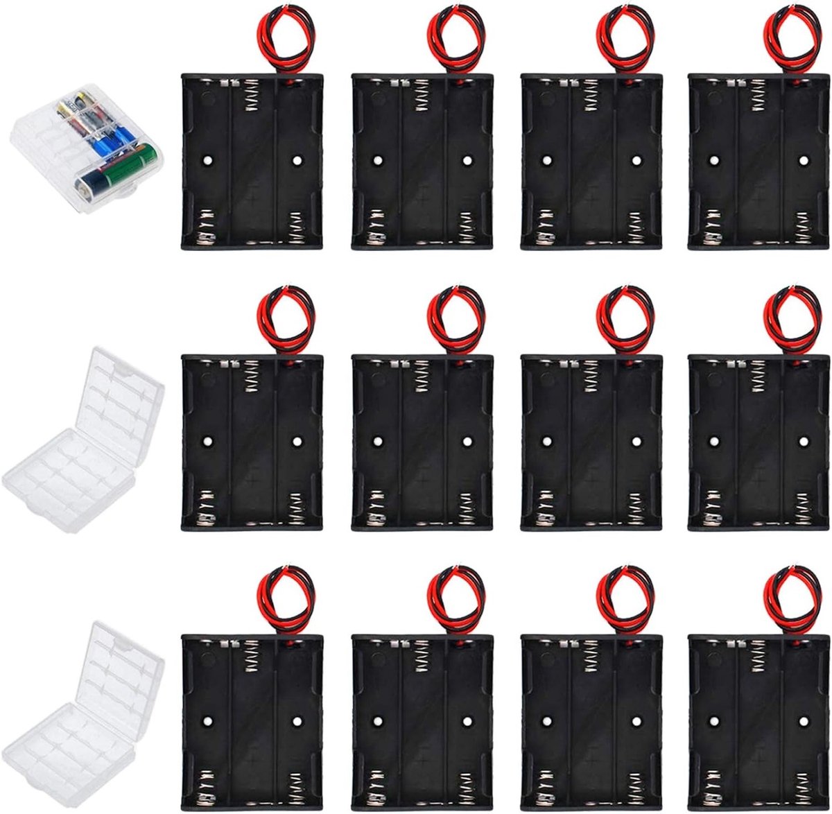 Pack van 12 AA Batterijhouders, Plastic Opbergdoos voor 3 x 1.5V AA Batterijen met Aansluitkabel en 4.5V Verbinding
