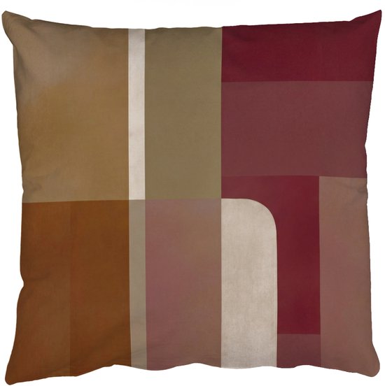 Coussin avec des blocs abstraits bordeaux, marron et beige.