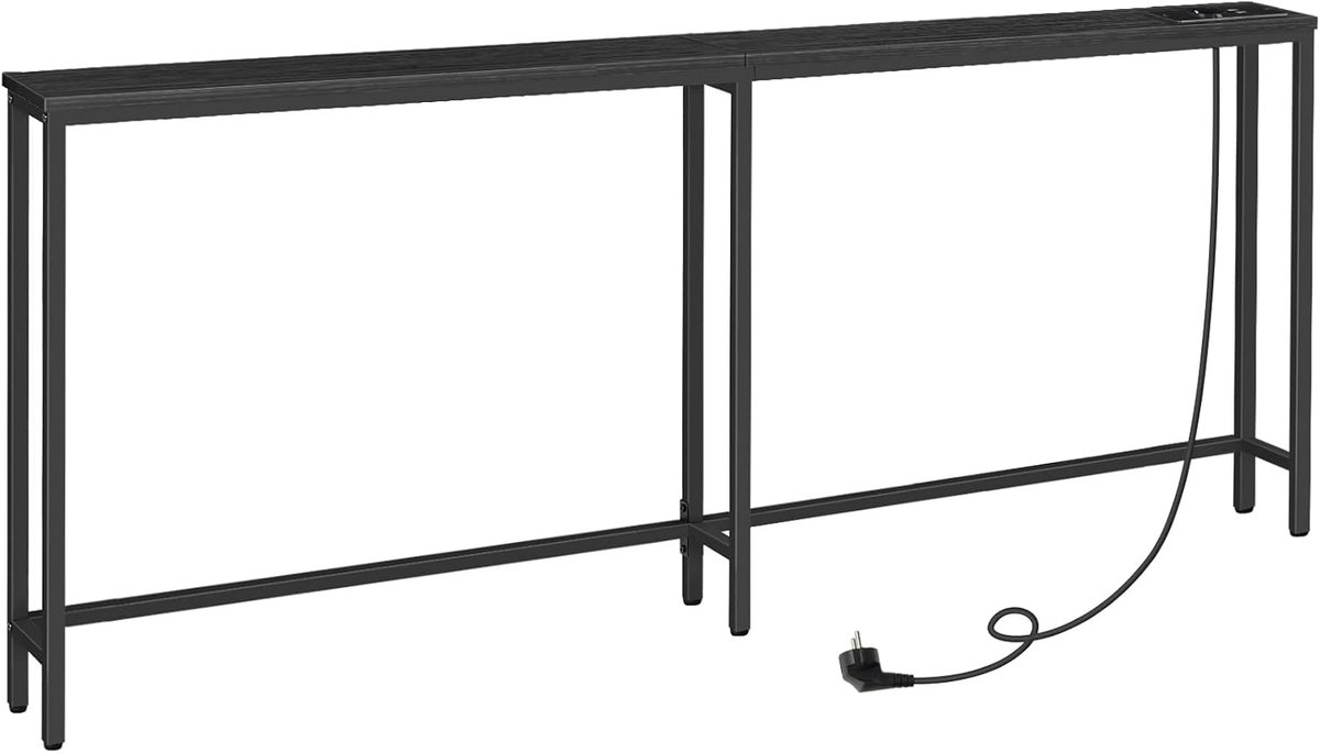 HOMESY Smalle consoletafel met stekkerdoos, 200 x 15 x 80 cm, consoletafel met laadstation, smalle banktafel, console achter de bank, voor entree, hal, Zwart