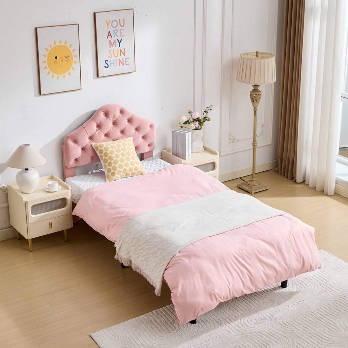 KOMHTOM - Platformbedframe - Twin Size 90x200 cm - Gestoffeerd fluweel - Verstelbaar hoofdeinde - Houten lattenbodem - Geen boxspring nodig - Eenvoudige montage - Roze