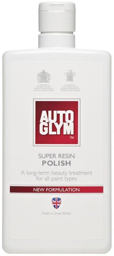 Bouteille blanche Autoglym Super Resin Polish avec bande rouge et texte 'New Formulation'. Fabriqué en Grande-Bretagne.