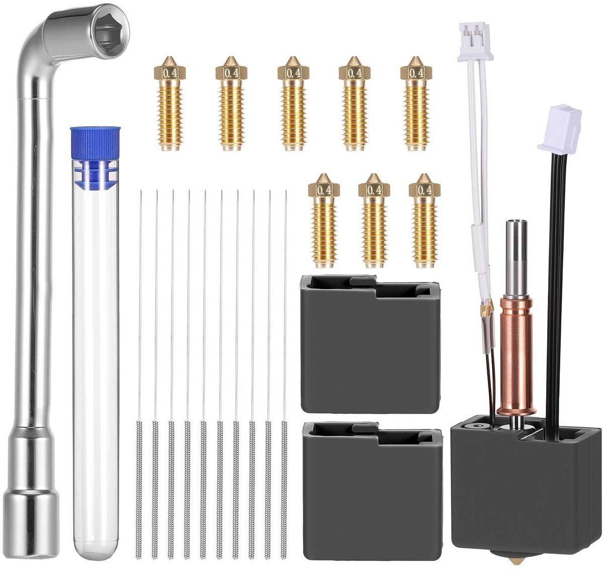 ZEYNOMAX- Hotend Kit hoge precisie - Reserveonderdeel - Messing Sproeiers 0,4 mm - Reinigingsnaalden - Siliconen Verwarmingsblokbeschermers - Geschikt voor Kobra 3 - 3D-printer Hotend