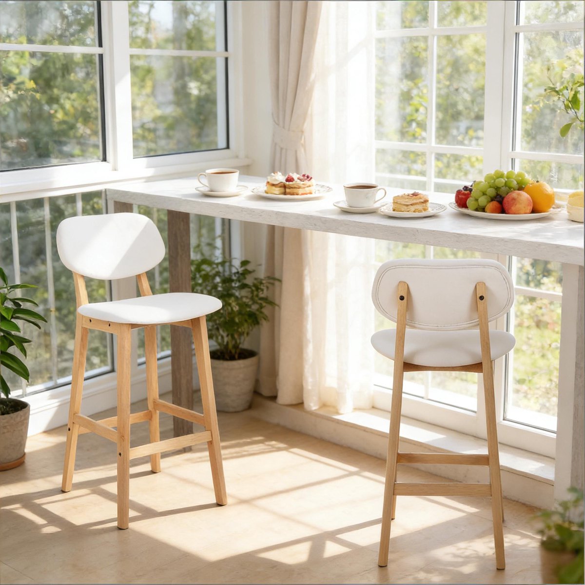 MODFU Barstoelen - Ergonomische Rugleuning - Dik Gevoerd - Modern - Massief Hout En Kunstleer - Wit - Set Van 2