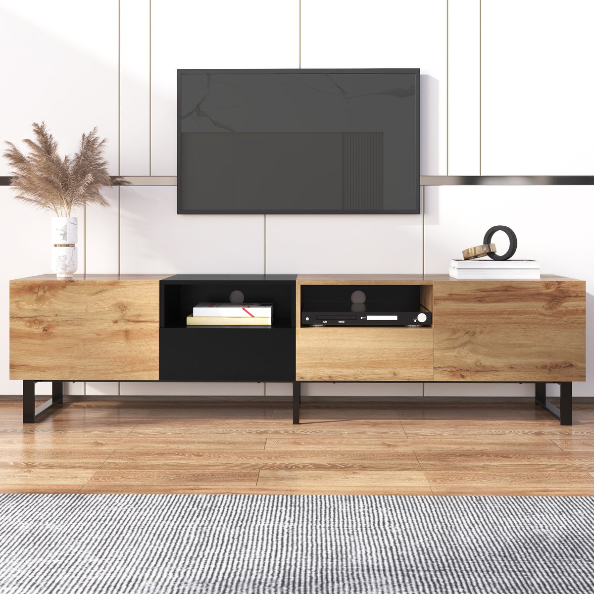TV-meubel 190 cm Zwart & Houtlook – TV-kast met 2 Deuren, 2 Lades en Opbergruimte