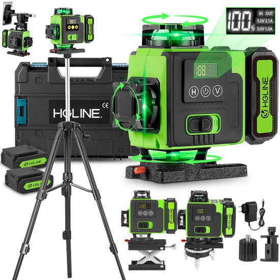 Overzicht van HGLINE laser waterpas met accessoires: statief, koffers, accu's, adapter, hefplateau en draaibare voet.