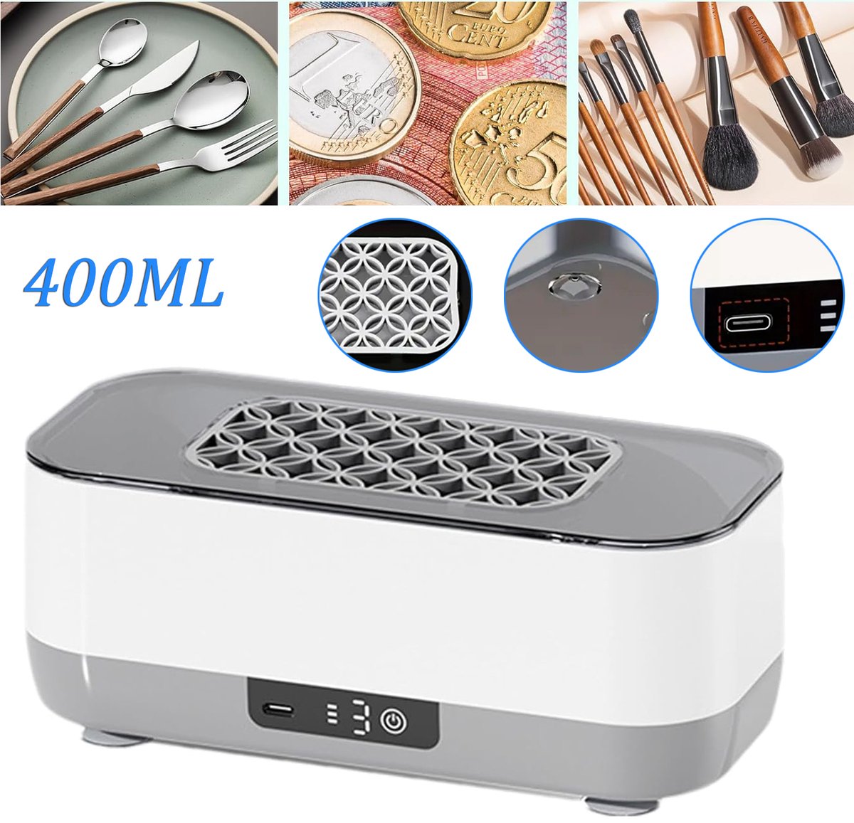 400ml Ultrasone Sieradenreinigingsmachine - Ultrasone Reiniger Met 3 Reinigingsstanden - Voor Ringen/Brillen/Sieraden/Kunstgebitten/Horloges/Scheerapparaten