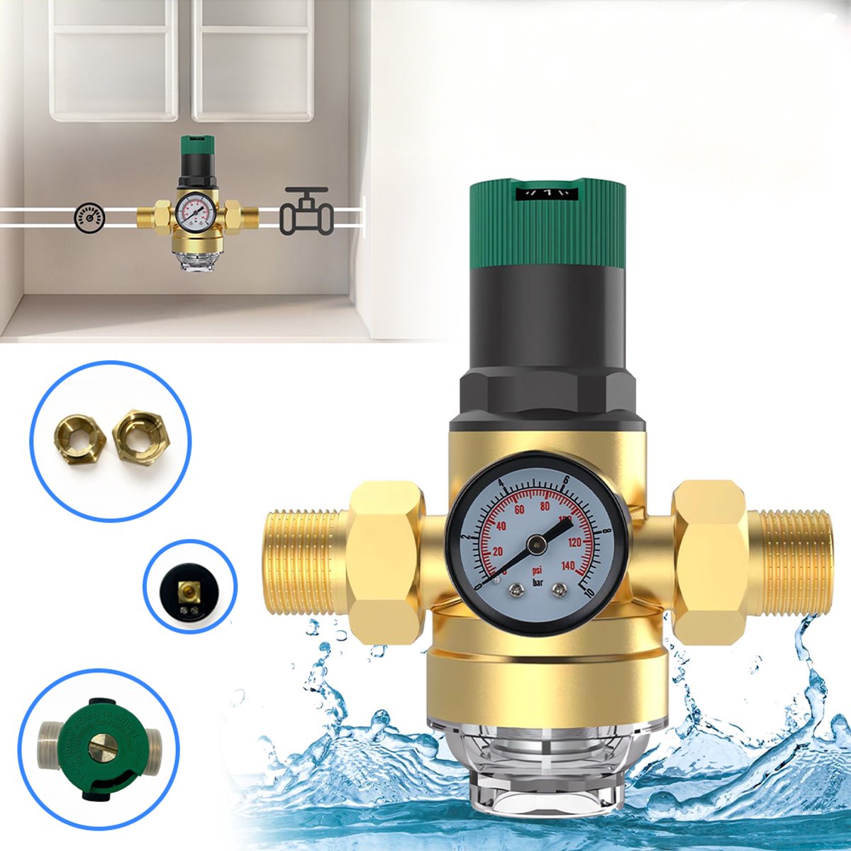 Waterdrukreduceerventiel - Waterdrukregelaar - Drukreduceerventiel - Drukverlagend apparaat - Filterleiding - Messing materiaal - Duurzaam ontwerp - Leidingbescherming - Uit één stuk - 1-inch DN25 voorfilter