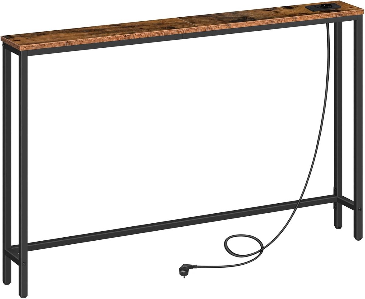 HOMESY Consoletafel met stopcontacten en USB-aansluitingen, 120x15x80 smalle consoletafel met oplaadstation, bijzettafel, voor foyers, gangen, vintagebruin en zwart
