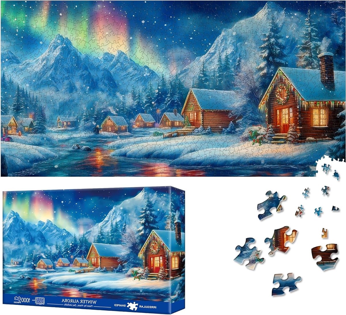 Winterse Aurora Puzzel voor Volwassenen - 1000 Stukken Jigsaw Puzzel van een Sneeuwhuis, Uitdagend en Leuk Gezinsvermaak, Perfect voor Decoratie en Cadeau-idee, 80 x 41 cm