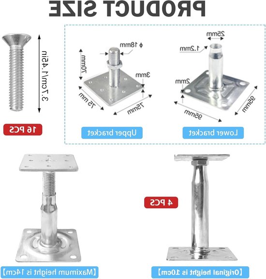 Verstelbare Poststeunen Set van 4, Hoogte 100-140 mm, Gegalvaniseerde Ondersteuning voor Schuttingen, Carports en Pergola's — afbeelding 5