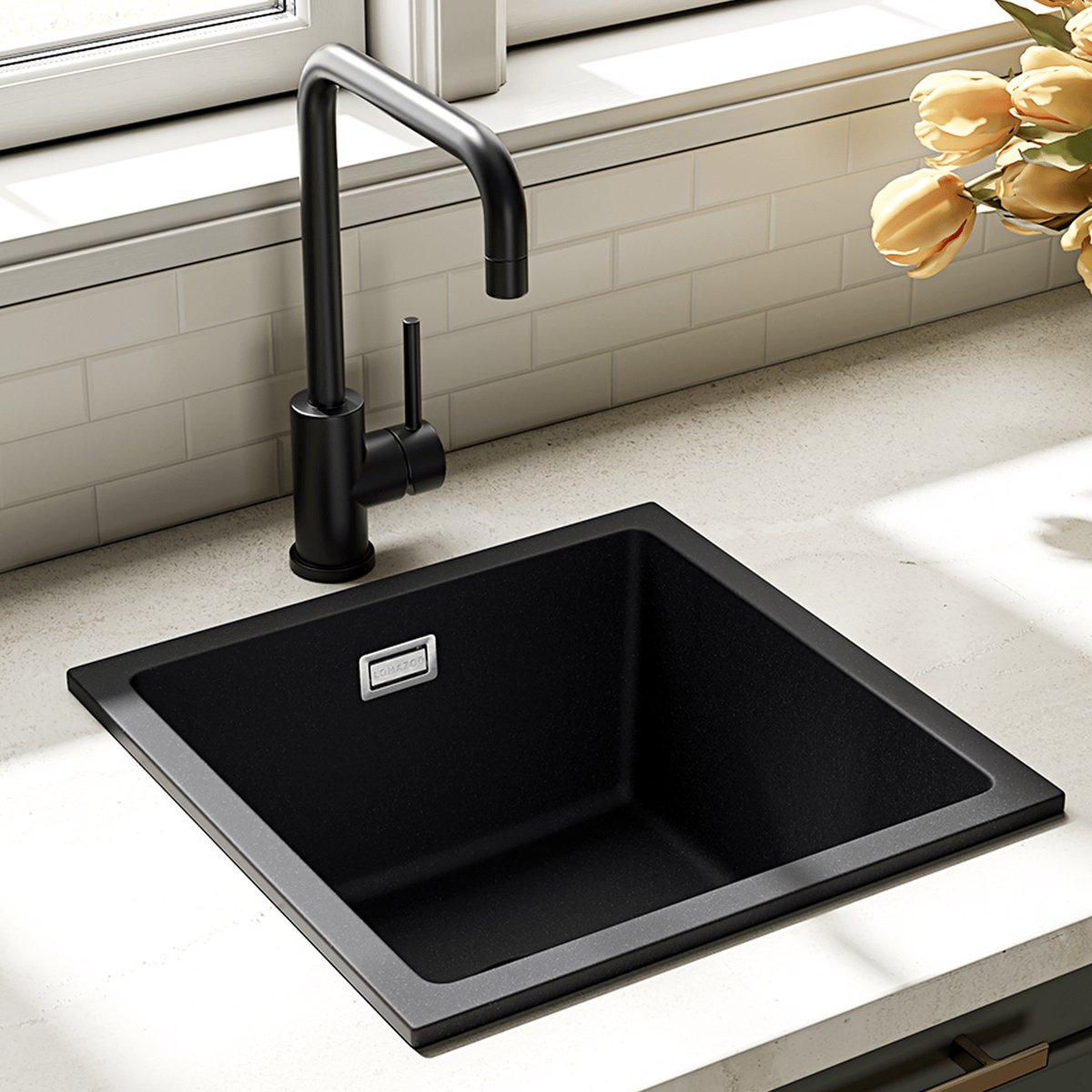 LOMAZOO Spoelbak Keuken Graniet Zwart 40×40 cm - Gootsteen - Keukenspoelbak - Opbouw Wasbak Keuken [PEDRI]