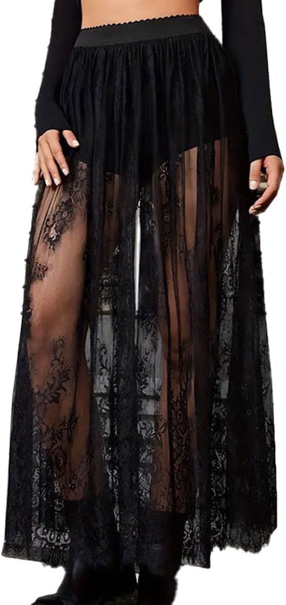 Verleidelijke Transparante Mesh Lange Rok met Elastische Taille en Onderrok - Tulle Shorts voor Festivals en Disco's - Maten S-XL