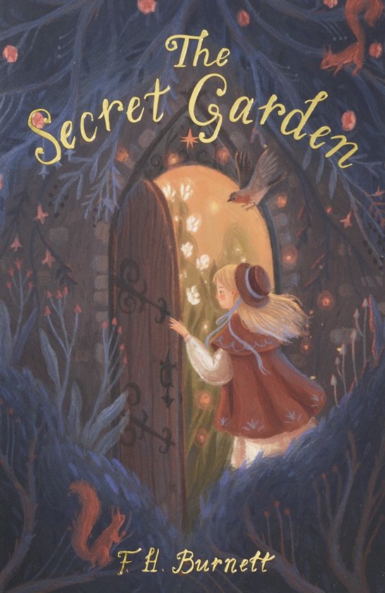 Een meisje met blond haar, gekleed in een rode cape en hoed, opent een geheime tuinpoort. Het boek 'The Secret Garden' door F. H. Burnett.