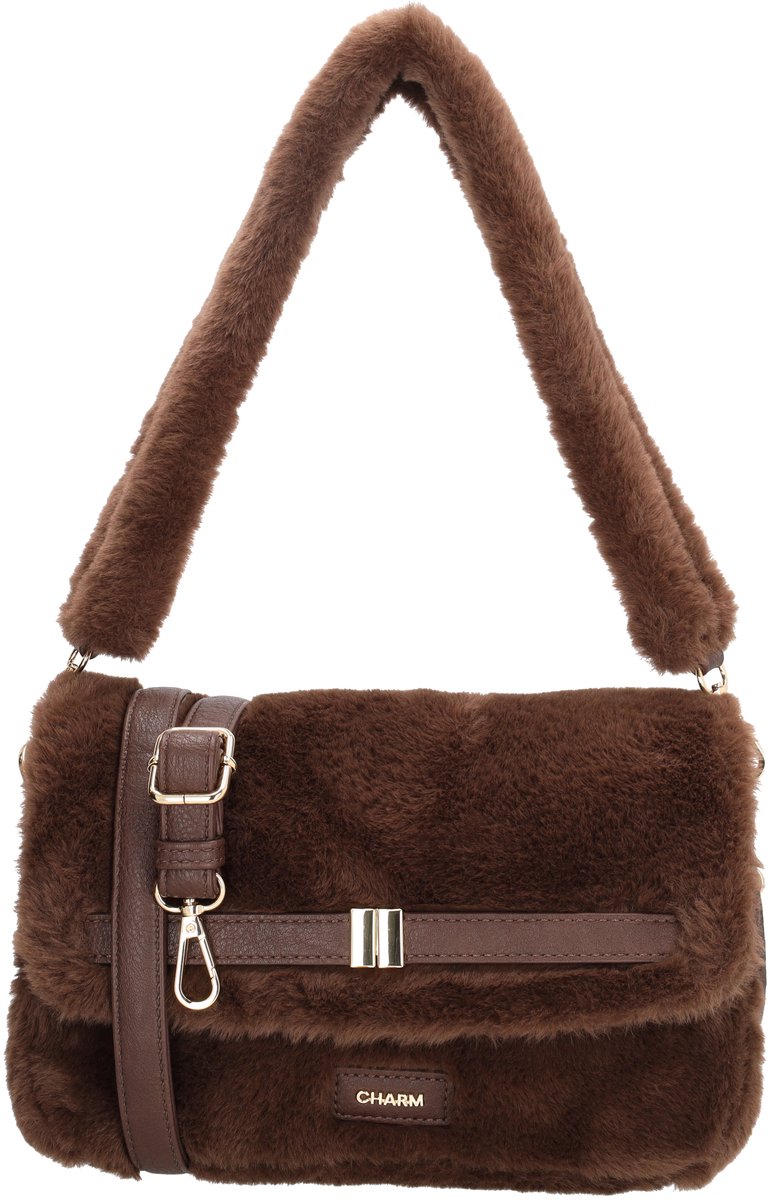 Charm London Stockholm Schoudertas - Fur - Bont Tas - Overslagtas - Verstelbare Schouderband - Bag Charm - Dames - Crossbody - Donkerbruin