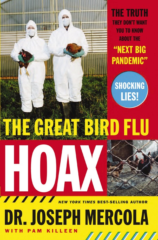 Boekomslag: "The Great Bird Flu Hoax" met twee personen in witte beschermende pakken die kippen vasthouden. Rode titel en ondertitel.
