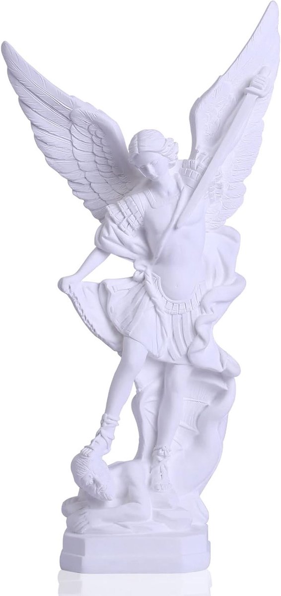 Beeld Aartsengel Michaël - Overwint Satan - Van kunsthars - Religieus verzamelbeeld of decoratie - Wit, 31,5 cm