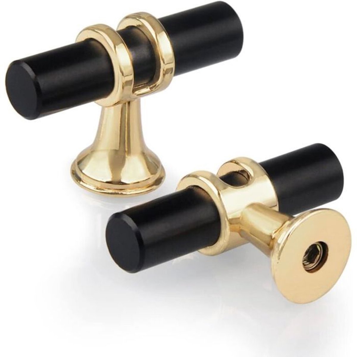 Set van 6 T-vormige ladegrepen - Zinklegering - Zwart met gouden voet - Schroeven inbegrepen - Moderne stijl