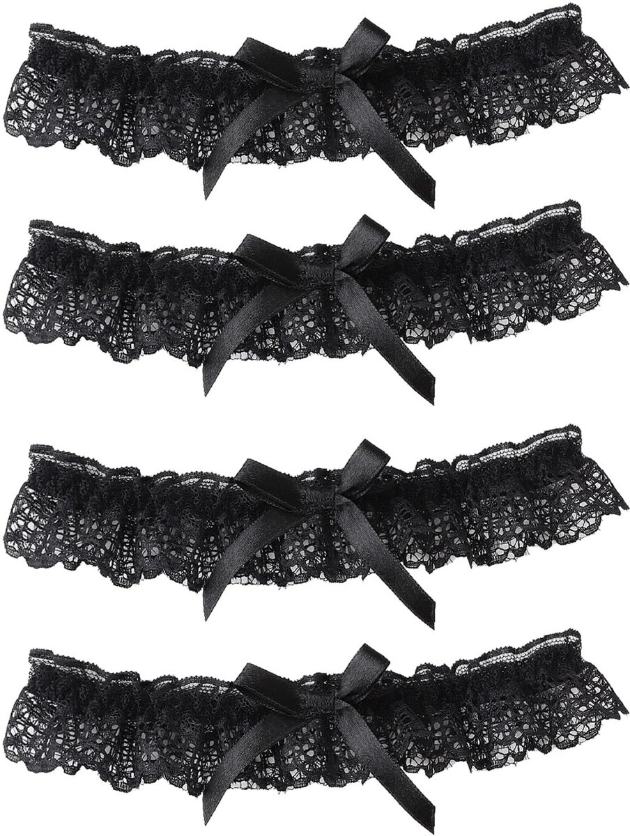 Dailygoods- Kousenband Bruiloft - Zwart Kant - Bruidsaccessoires - Bruidsmeisjes Decoratie - 4 Stuks - Romantisch Design - Bruidskousenband