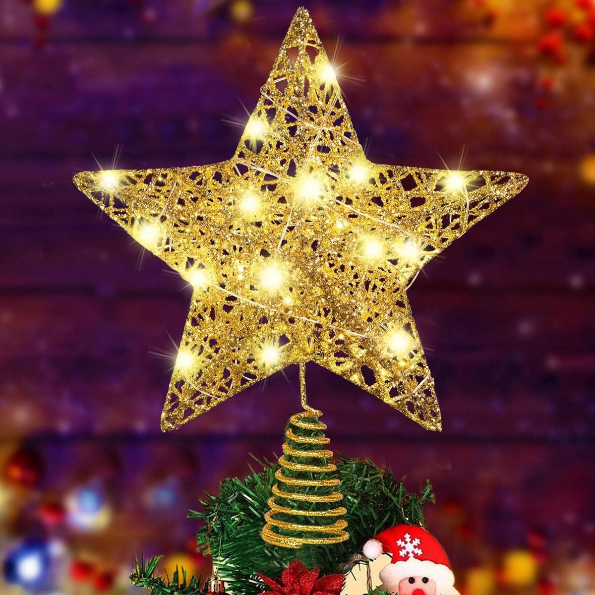 Dailygoods - Gouden Ster Kerstboompiek - LED-verlicht - Klassiek - Goud - Kerstversiering - Perfect voor Dennenboom - 22.7 x 17.5 cm