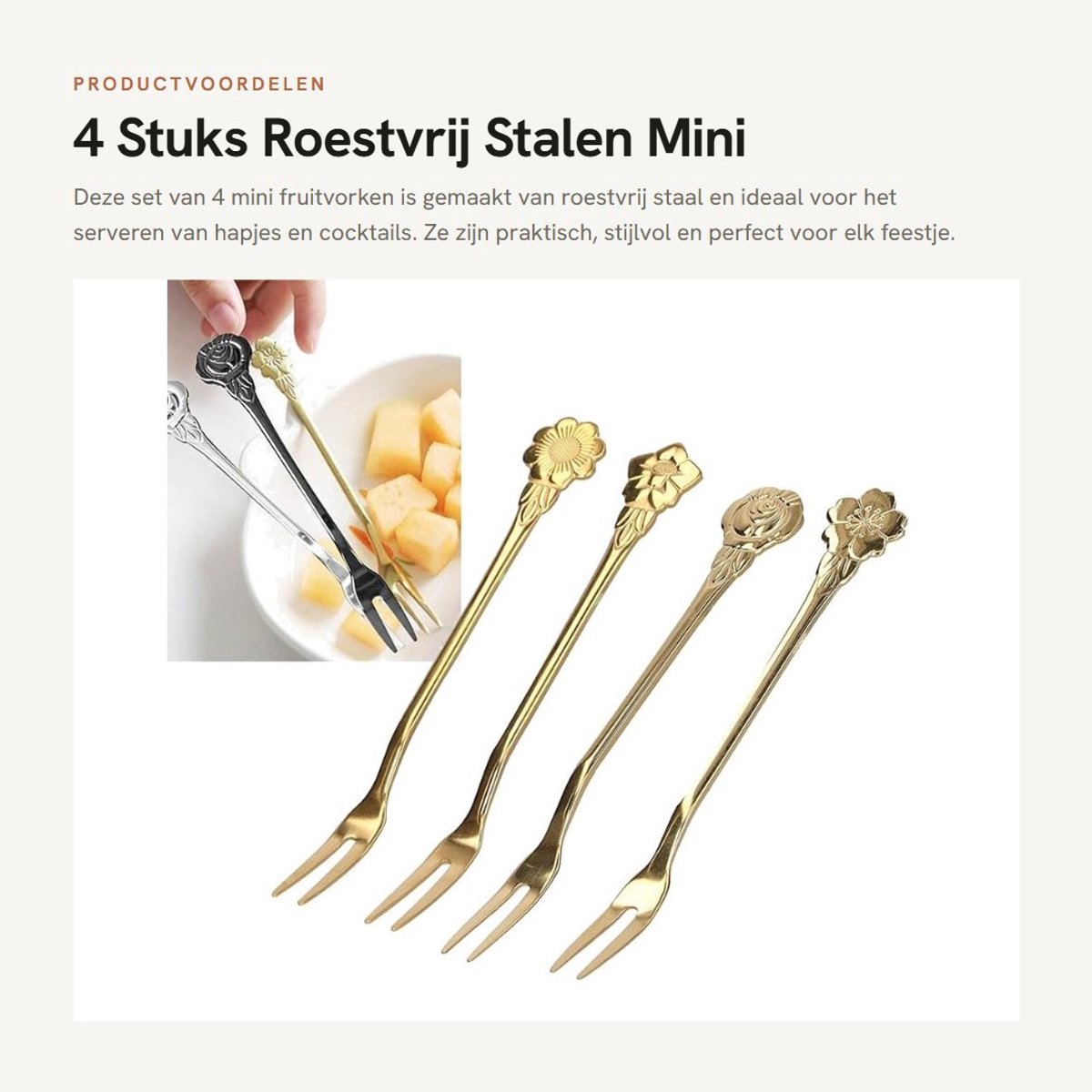 Dailygoods- Fruitvorken 4 Stuks - Roestvrij Staal - Mini Salade Vorken - Ideaal voor Cocktails/Hapjes - Vaatwasmachinebestendig - Ergonomisch Ontwerp - Hapjesvorken