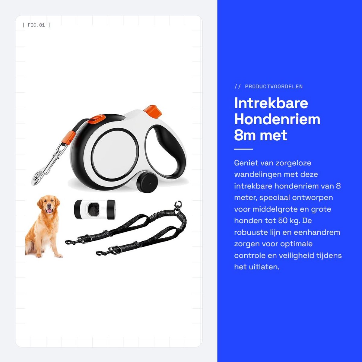 Dailygoods- Intrekbare Hondenriem 8 m - Rollijn voor Honden - Looplijn voor Middelgrote/Grote Honden - Robuust en Duurzaam - Poepzakdispenser - Veilig en Praktisch