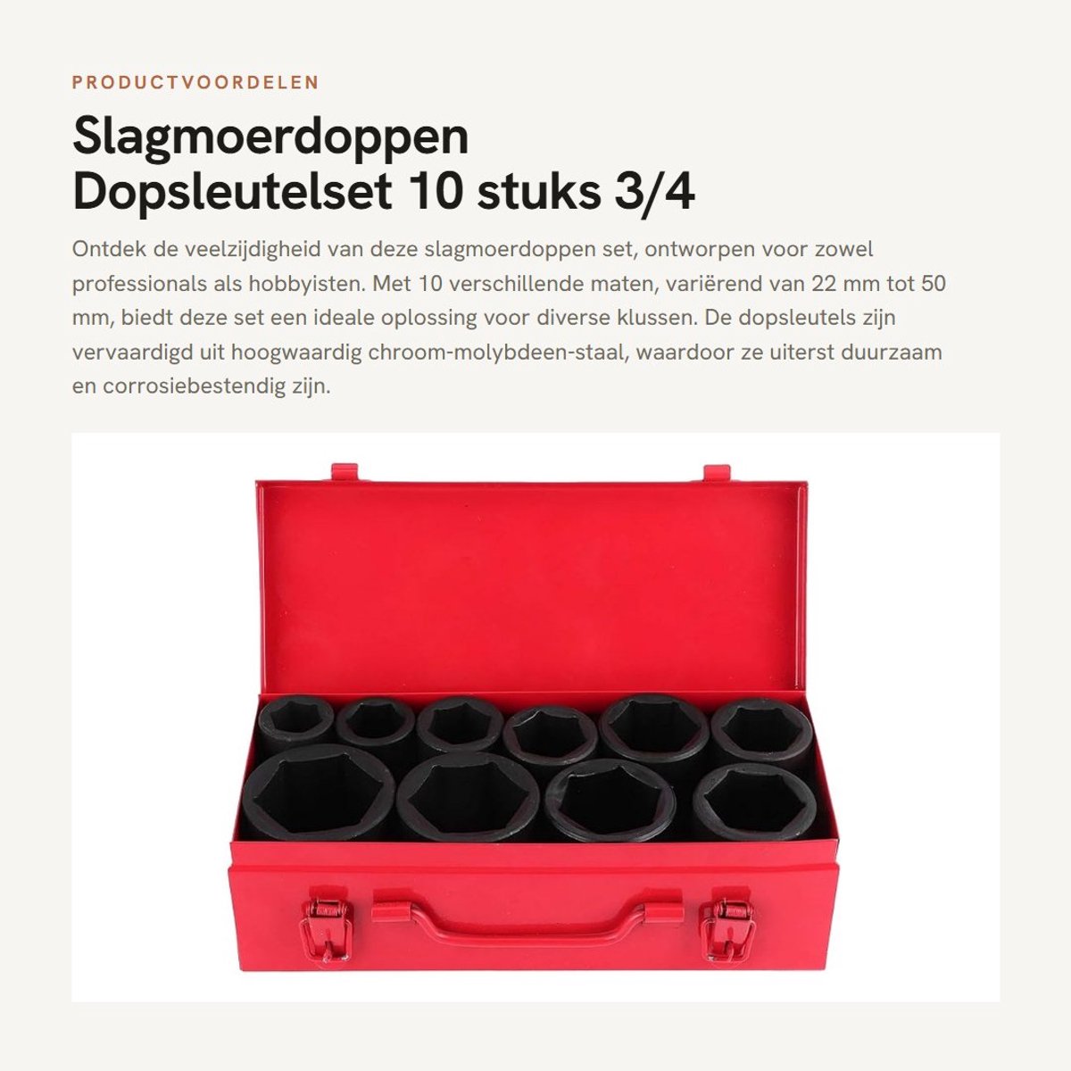 Dailygoods- Slagmoerdoppen 10 stuks - 3/4 inch - Chroommolybdeenstaal - 6-punts - Impactdoppen - IJzeren kist - Zwart
