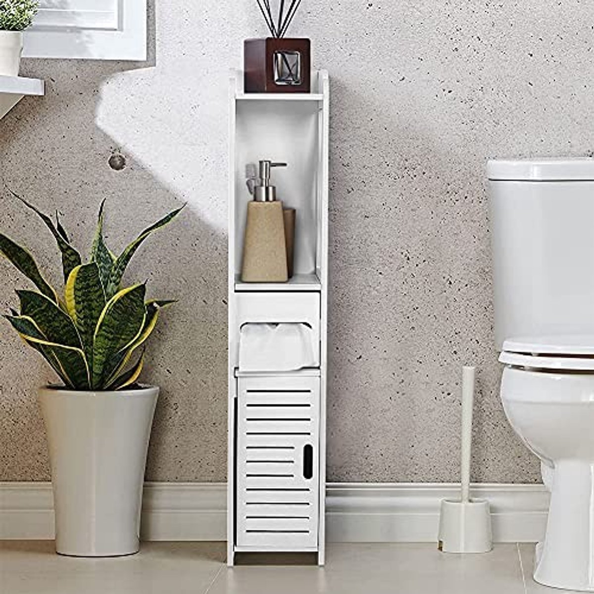 Dailygoods- Rek met grote capaciteit - Badkamermeubel - Houten kast - Smal ontwerp - Antiek wit - Ideaal voor opbergruimte - Badkamerkast