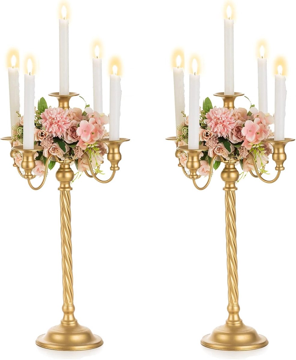 Kandelaar Set - Kaarsenstandaard - Feestelijke Decoratie - 5-armig Vintage Design - 53cm Hoog - Goud