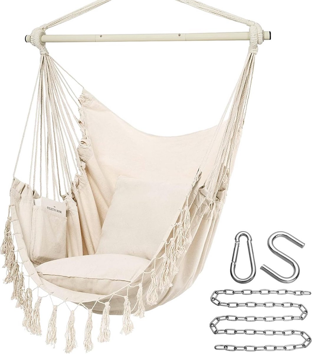 Hangstoel met Touw - Macramé Stoel - Ontspannen Buiten - Inclusief 2 Kussens - Max 150 kg - Beige