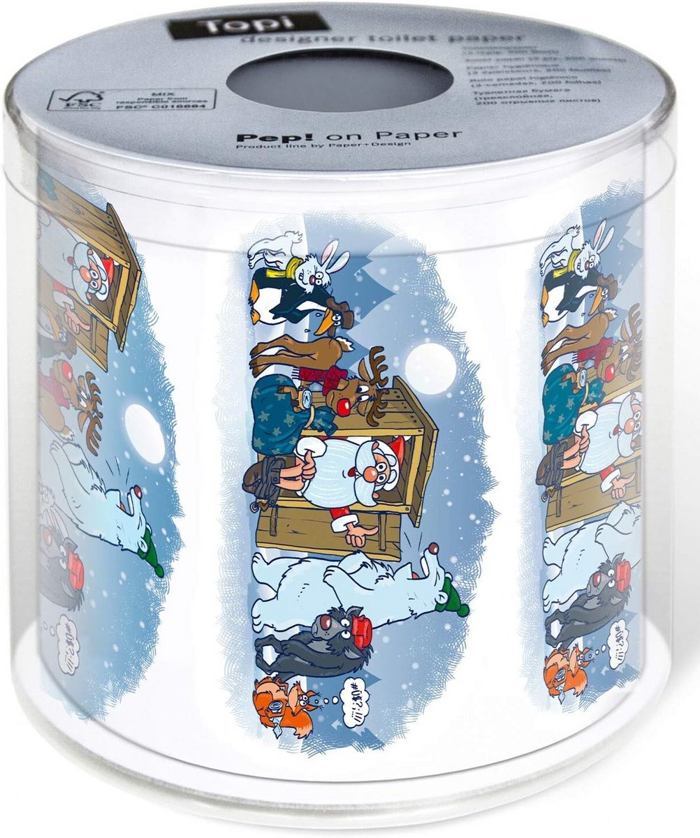 Toiletpapier 1 rol - Motiefrol Wachttijd - Feestelijke Decoratie - Grappige Dieren Design - 3-laags 200 vellen - Kerstkleuren