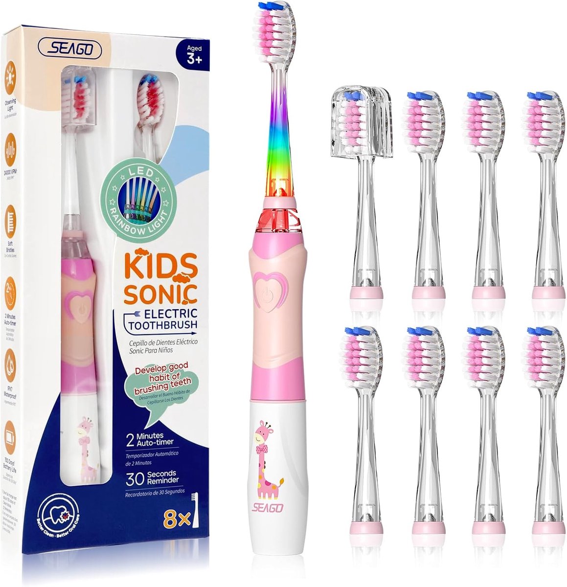 Elektrische Tandenborstel - Kindertandenborstel - Dagelijkse Mondhygiëne - Met Kleurrijk LED Licht - 8 Borstelkoppen - Roze