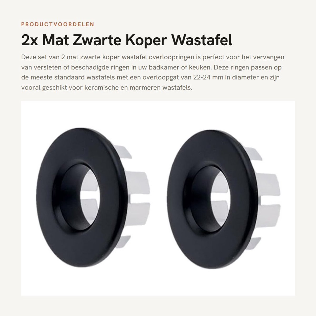 Dailygoods- Overloopring Mat Zwart - 2x Metalen Wastafel Overloopring - Geschikt voor 22-24mm Overloopgat - Hoogwaardig Koper - Glad Uiterlijk - Overloopplug