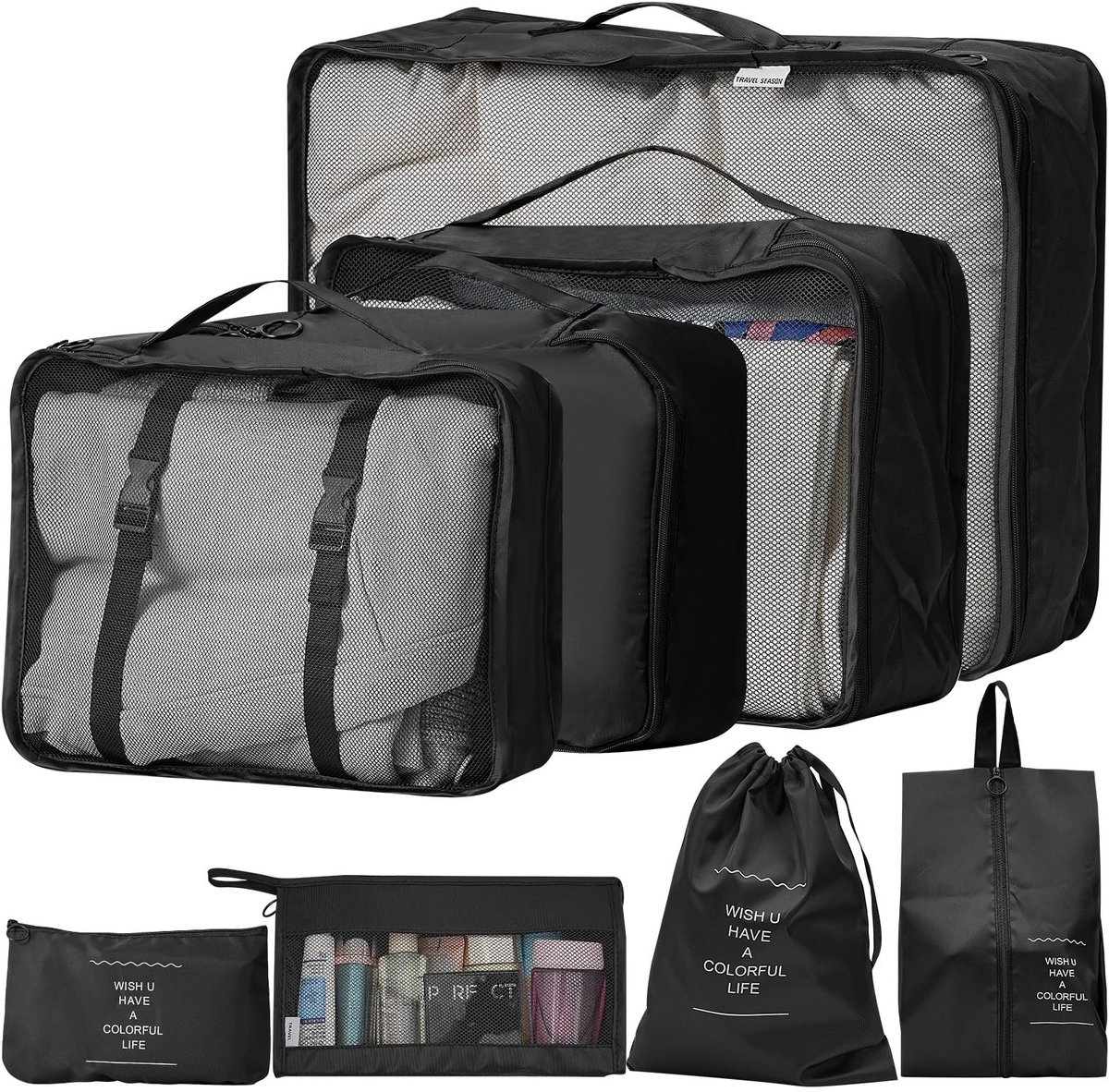 Dailygoods- Inpakzakken 8-Piece Set - Waterdichte Opbergzakken - Reisaccessoires - Kleding/Toebehoren - Flexibele/Verdeelbare Cubes - Handig voor Vakantie - Reiskoffers