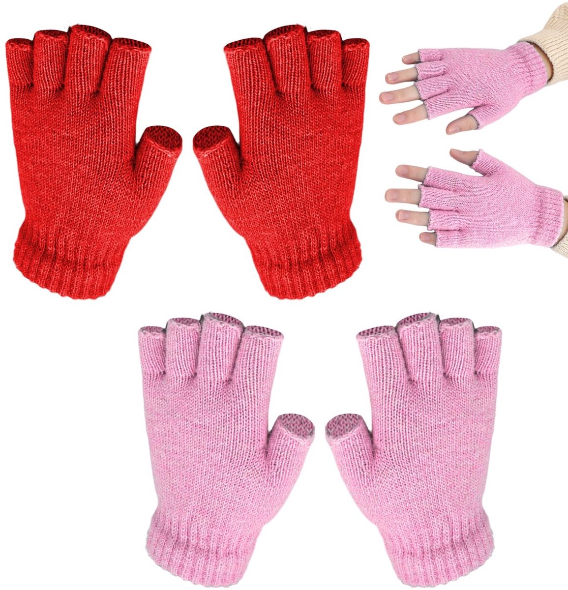 Dailygoods- Vingerloze Handschoenen - 2 Paar - Thermo-gebreid - Acryl - Roze - 17 cm Lengte - Comfortabel en Warm