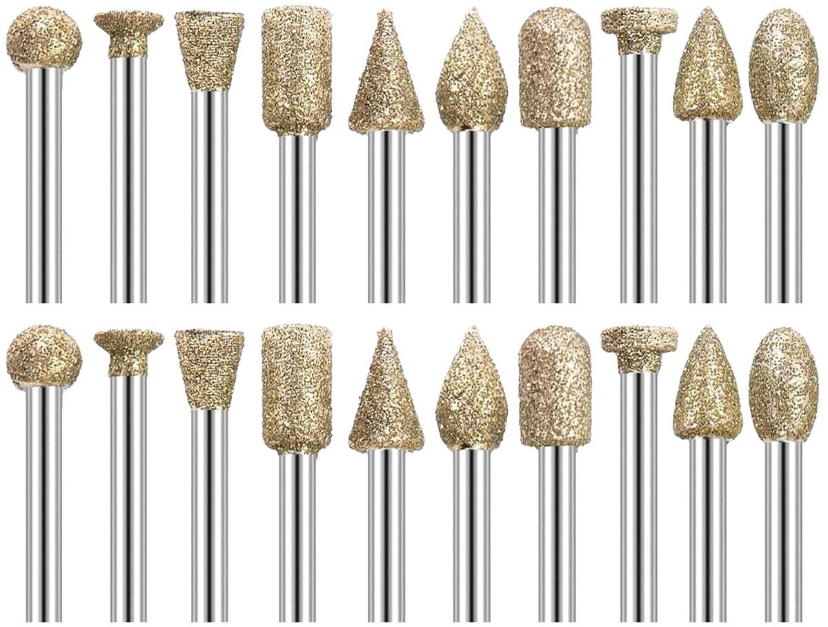 Dailygoods- Diamantfreesjes Set van 20 Stuks - 3 mm Schacht - Slijpstiften - Freesstiften voor Steensnijwerk - Voor Graveren van Keramiek - Hoogwaardig Materiaal - Graveergereedschap