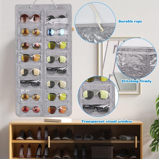Hanging Zonnebril Organizer met 16 Compartimenten, Wandhouder van Vilt voor Zonnebrillen en Brillen, Ruimtebesparende Oplossing voor je Accessoires van Merkloos — afbeelding 4